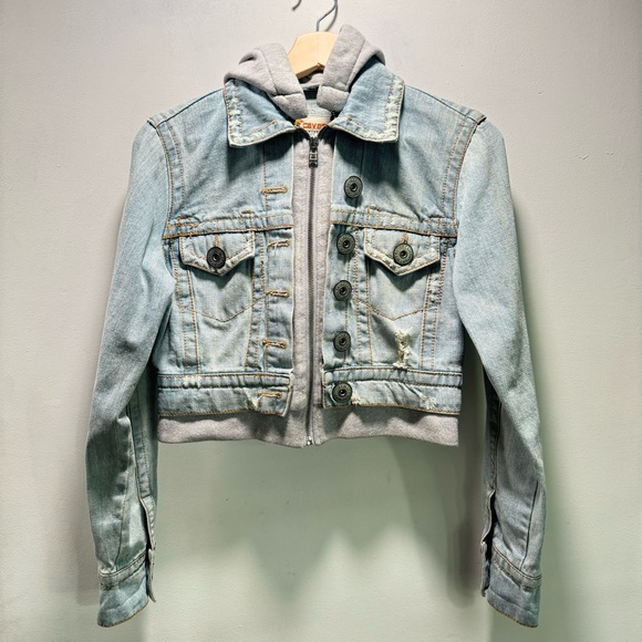 Z Cavaricci Size XS Distressed Cropped Denim‎ Jacket Sweatshirt Removable Hoodie - Picture 1 of 15